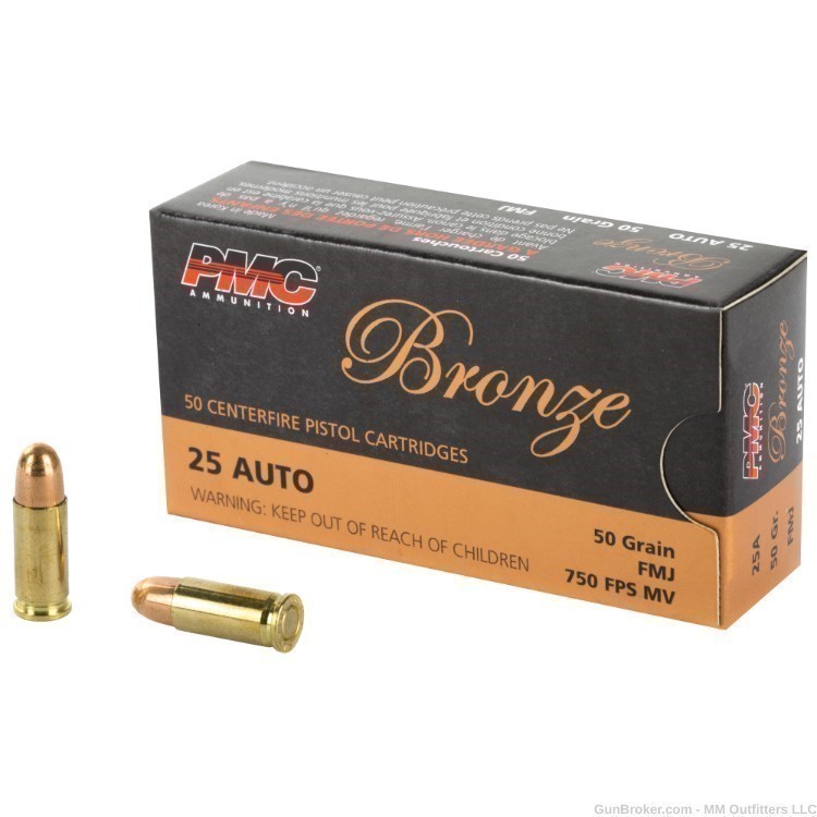 PMC Bronze Pistol Ammo .25 ACP FMJ 50 Gr. 50 rds Brass Case NIB No CC Fee-img-0
