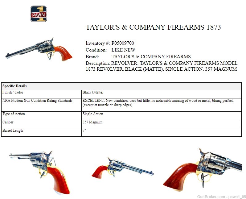 Taylor's & Company Model 1873 Single Action .357 Revolver 6 Shot -img-9