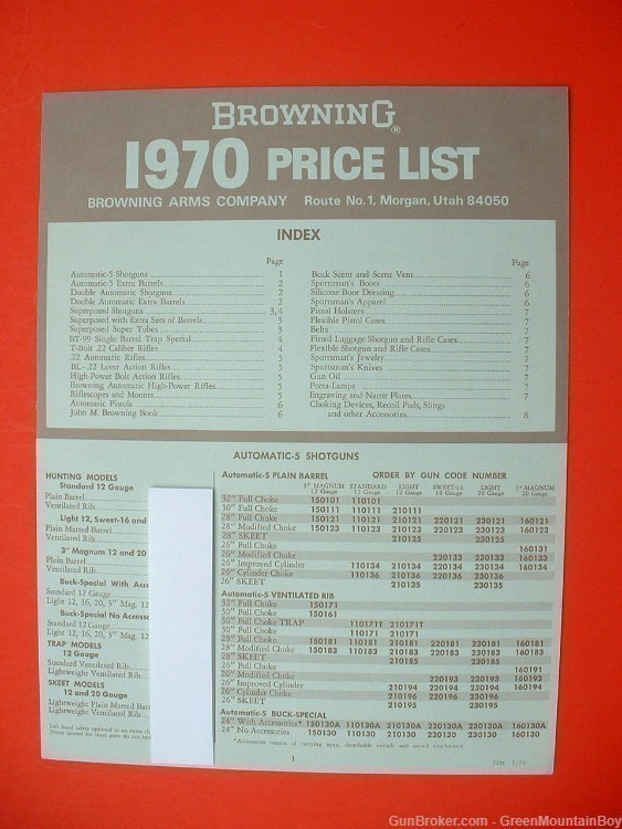 Scarce 1970 OEM BROWNING Catalog Companion Retail Price List - XLNT !-img-0