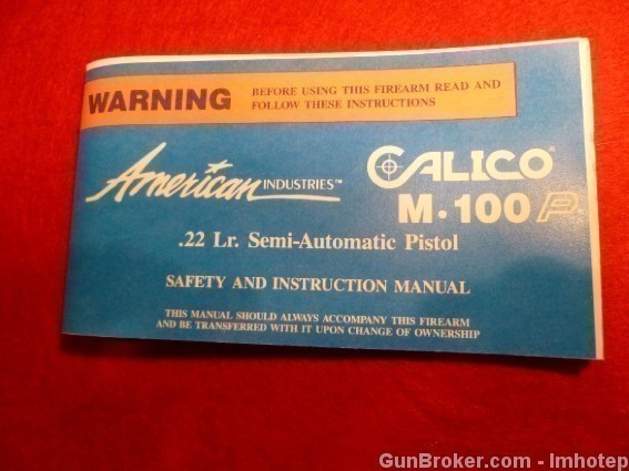 Calico M-100 Pistol Owner's Manual .22 LR Bitcoin-img-0
