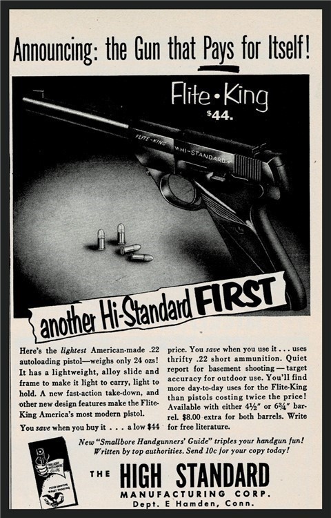 1953 HI-STANDARD Flite-King .22 Pistol PRINT AD Small Gun Advertising-img-0