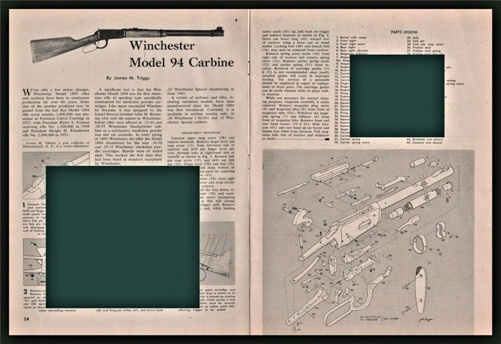 1958 WINCHESTER Model 94 Carbine Exploded View Parts List Assembly Art-img-0