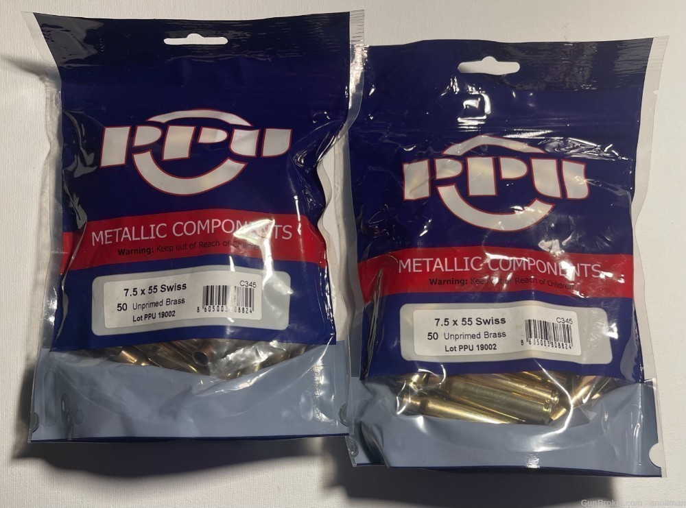 7.5x55 Swiss New PPU brass 100 count ( two unopened bags/ 50 x2)   -img-0