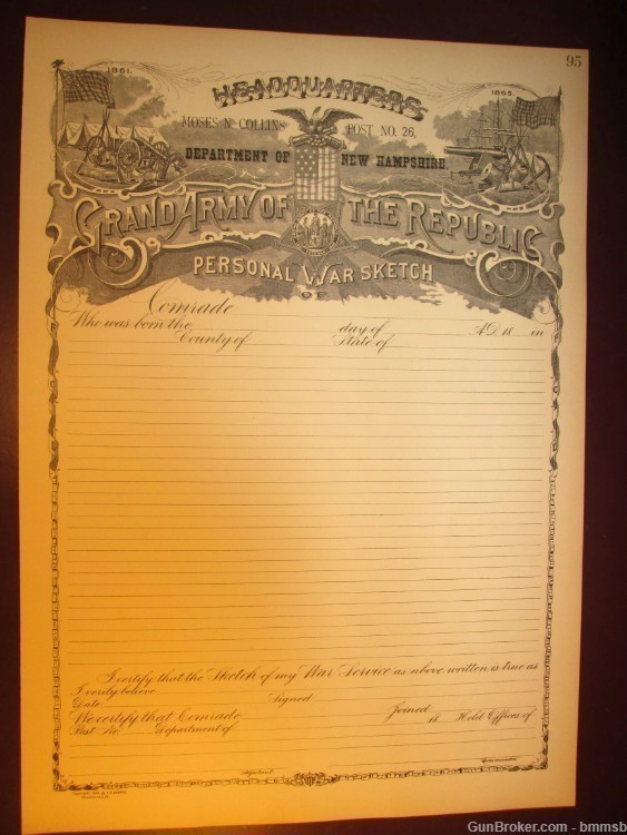 Large Unused Grand Army Of The Republic "Personal War Sketch" Document 1890-img-1