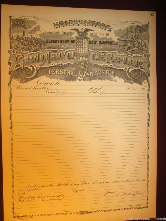 Large Unused Grand Army Of The Republic "Personal War Sketch" Document 1890-img-0