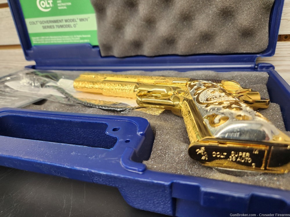  COLT 1911 38SUPER  GOLD PLATED & ENGRAVED MASTERPIECE White & Gold Grips-img-7