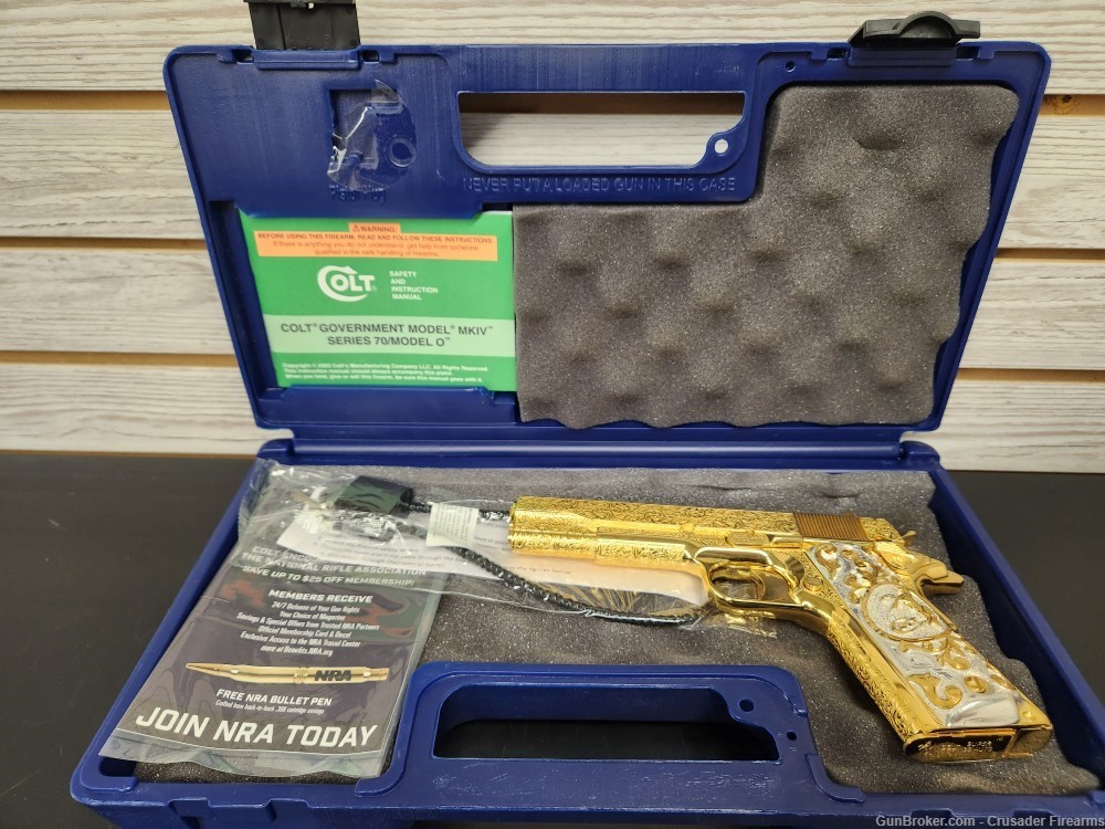  COLT 1911 38SUPER  GOLD PLATED & ENGRAVED MASTERPIECE White & Gold Grips-img-8