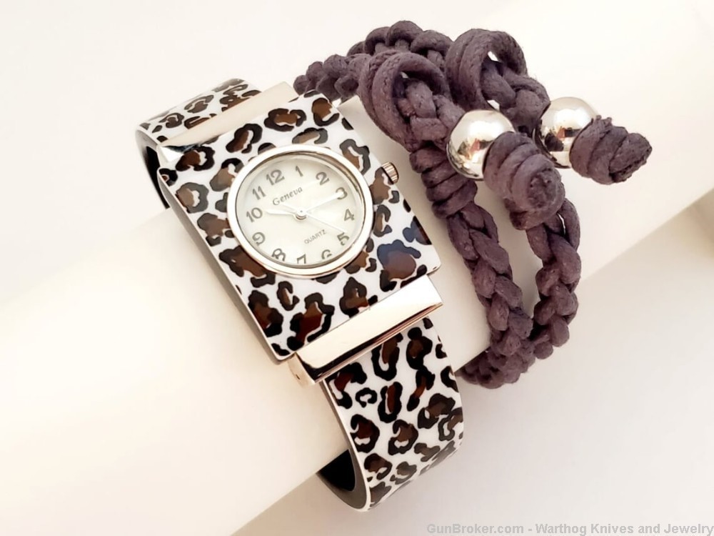 Ladies Geneva Acrylic Cuff Watch, Animal Print, & 2 Bracelets. W9.*REDUCED*-img-0