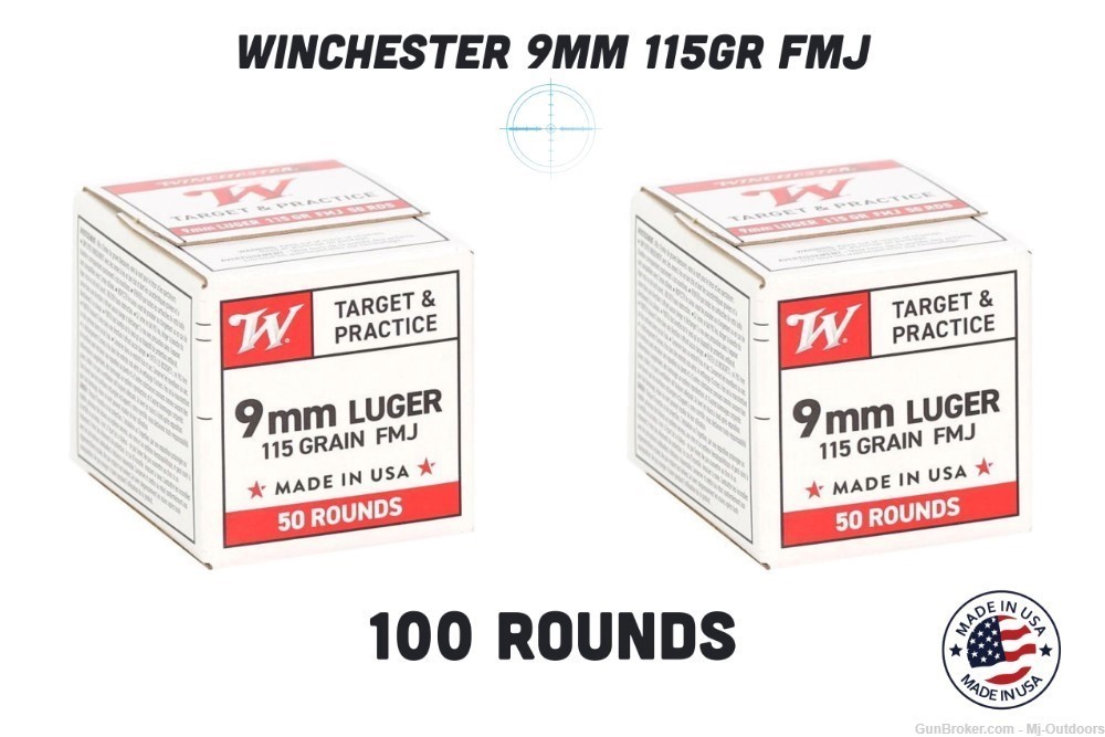 Winchester Ammunition 9mm 115 grain Brass Case Ammo 100rds-img-0