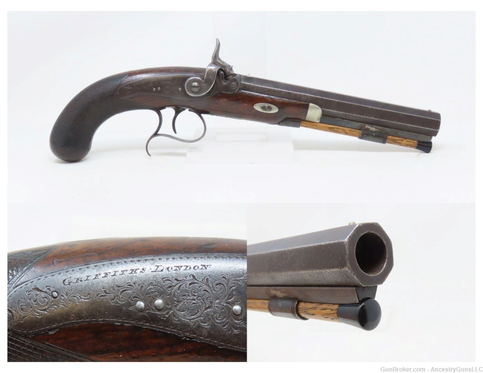 Antique GRIFFITHS Belt Pistol ENGRAVED LONDON English .62 Caliber-img-0