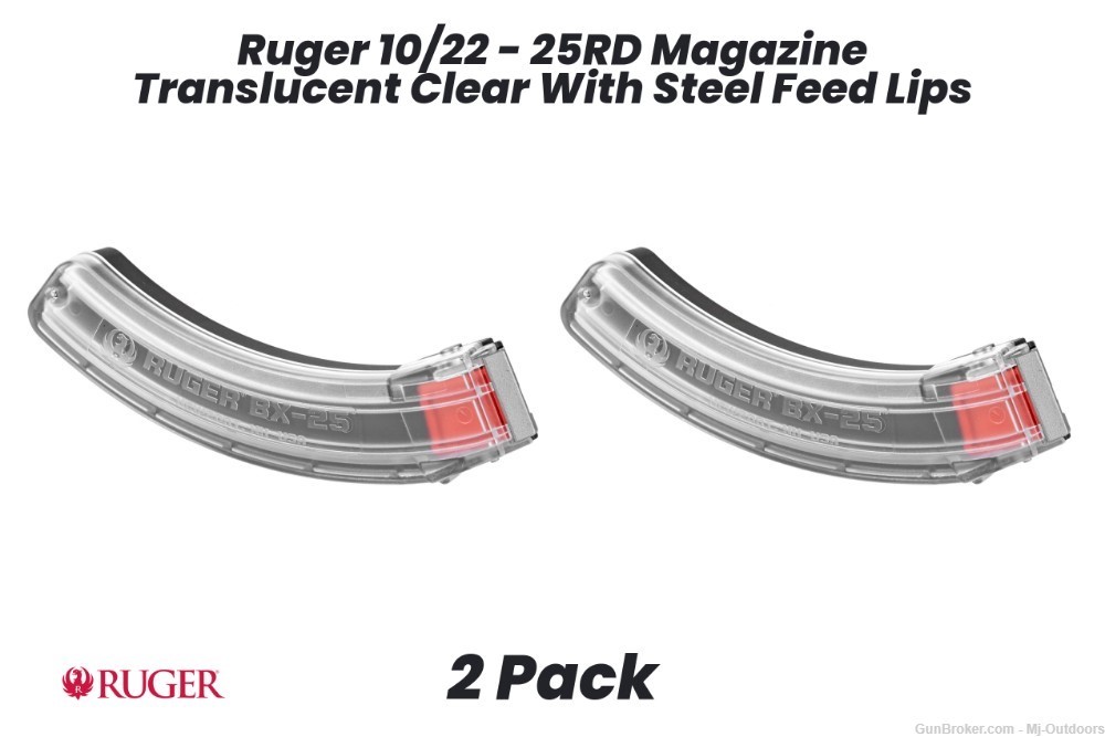 Ruger BX-25 Rifle Magazine for 10/22 .22LR 25rds Translucent Clear 2 Pack-img-0