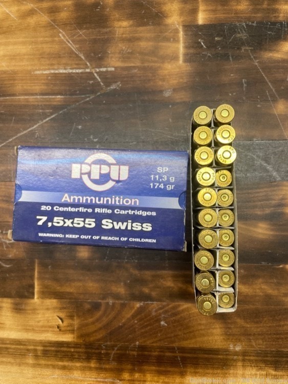 PPU 7.5x55 Swiss 13 Rounds and 7 once fired brass-img-1
