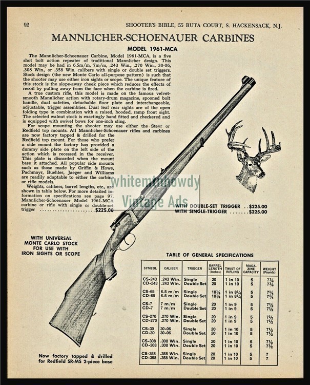 1968 MANNLICHER SCHOENAUER Alpine .243 & 30/06 Carbine PRINT AD-img-0