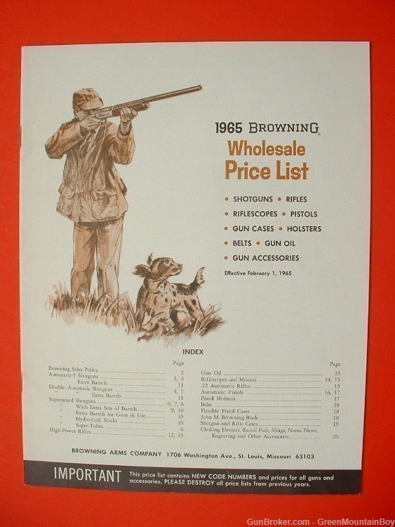 Scarce 1965 OEM BROWNING Catalog Companion Dealer/Retail Price List- XLNT !-img-0