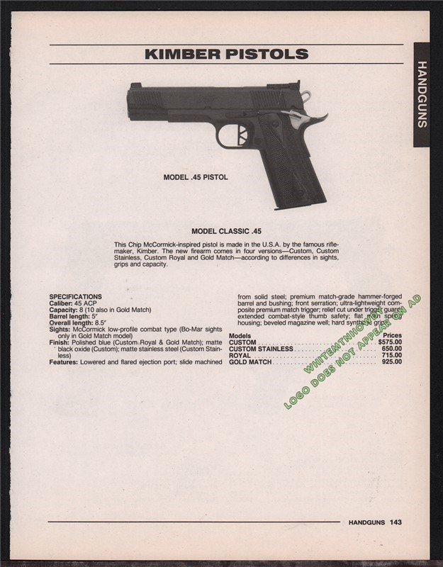 1996 KIMBER Model Classic .45 Pistol PRINT AD Page-img-0