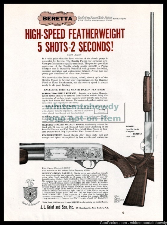 1958 BERETTA Silver and Ruby Pigeon Shotgun PRINT AD shown w/orig prices-img-0