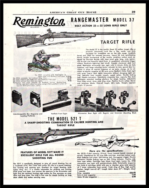 1951 REMINGTON 37 and 521R .22 Rifle PRINT AD-img-0