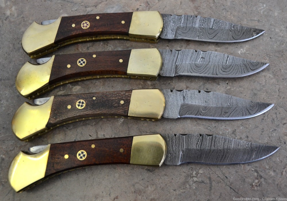 Damascus Steel Set of 4 Back LocK Pocket Knives Mix Wood Handle(FK SAB MW)-img-4