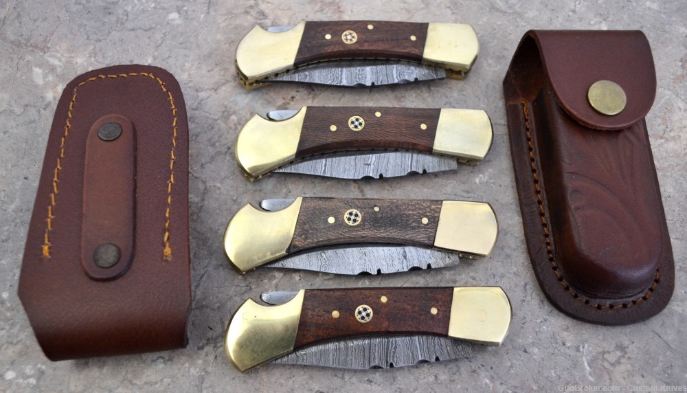 Damascus Steel Set of 4 Back LocK Pocket Knives Mix Wood Handle(FK SAB MW)-img-0