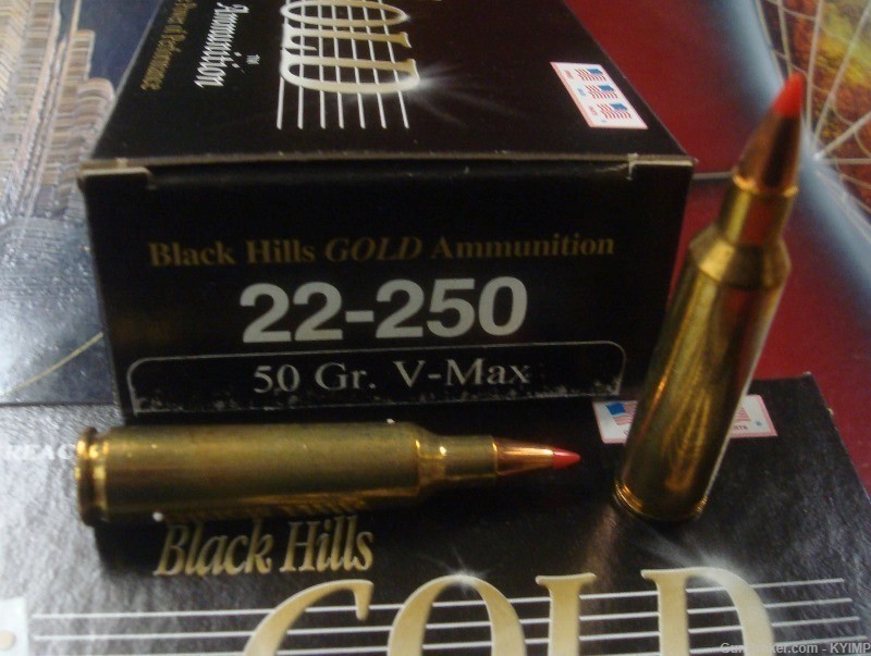 40 BLACK HILLS .22-250 V-Max 50 grain NEW brass cased GOLD ammunition-img-0