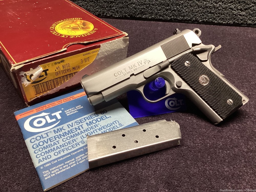 COLT 1911 OFFICER’S ACP .45 STAINLESS W/ BOX & 2 MAGS 1986-img-0