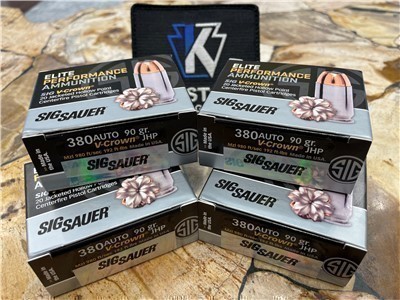 SIG SAUER 380ACP ELITE V-CROWN AMMO JHP 90GR HOLLOWPOINT DEFENSE 80 ROUNDS 