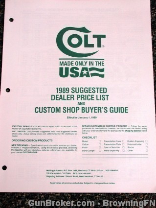 Colt 1989 Dealer Price Sheet Custom Shop Guide-img-0