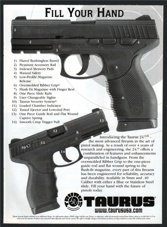 2004 TAURUS 24/7 9mm or .40 Pistol Print AD Collectible Advertising-img-0