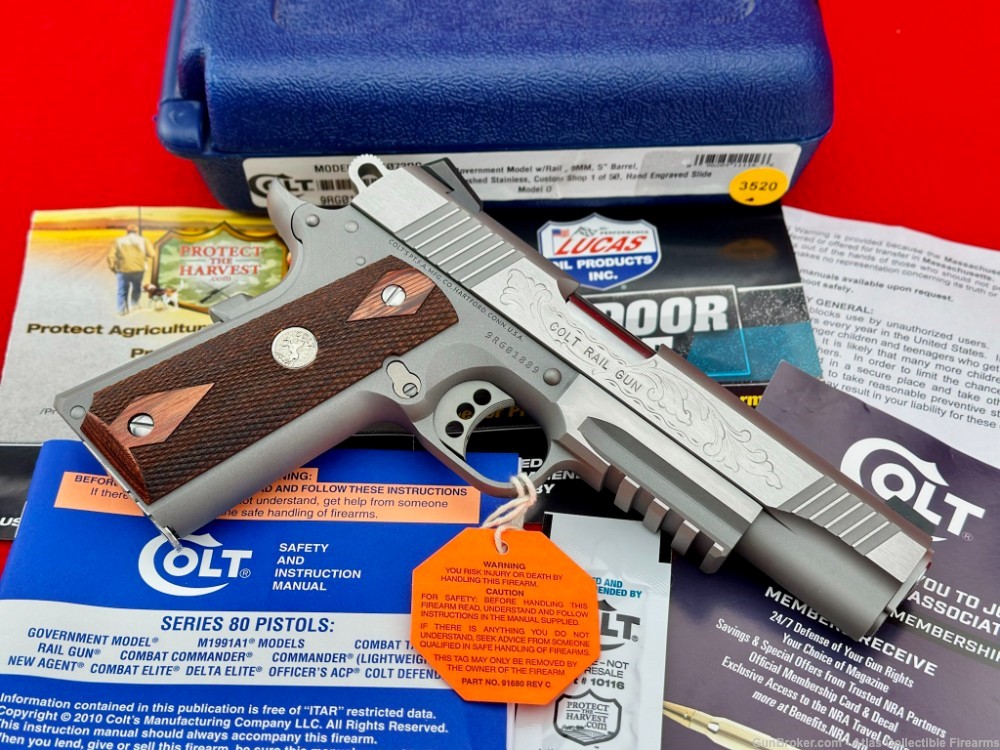 RARE Colt Custom Shop Government "Rail Gun" 9mm |FACTORY HAND ENGRAVED| NIB-img-2