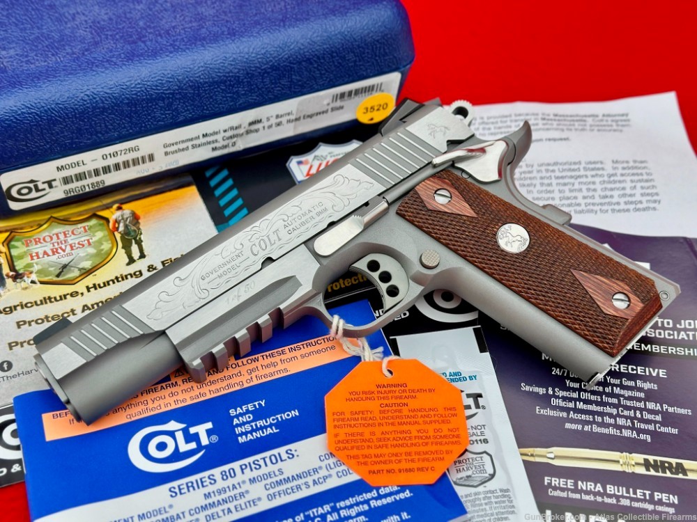 RARE Colt Custom Shop Government "Rail Gun" 9mm |FACTORY HAND ENGRAVED| NIB-img-0