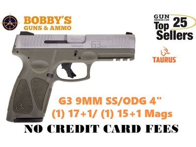 Taurus G3 9mm (1) 17+1-(1) 15+1 Mags 4" Stainless- OD GREEN