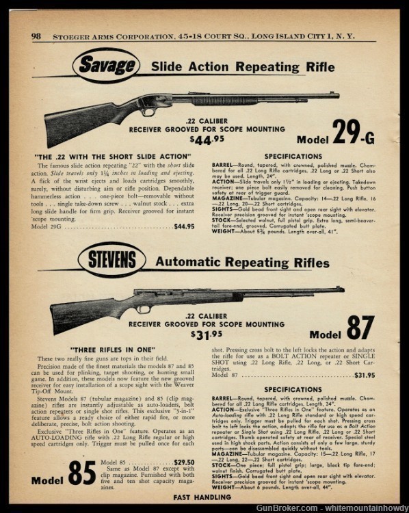 1956 SAVAGE Model 29-G STEVENS 87 Repeating Rifle AD original prices shown-img-0