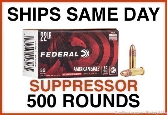 500 Rounds - Federal American Suppressor 22LR Ammo 45 Grain Copper Plated-img-0