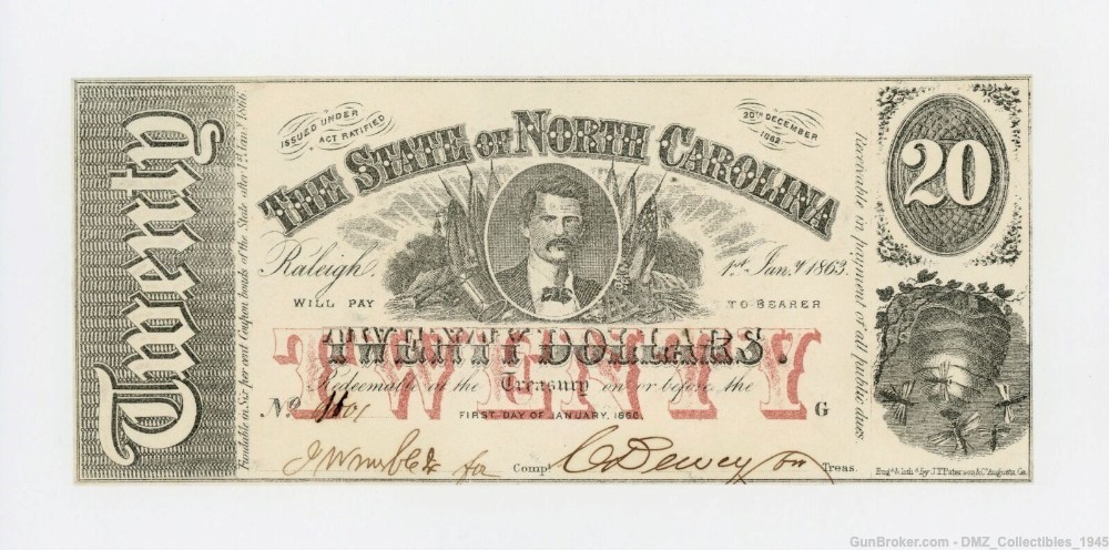 Civil War $20 North Carolina Note Currency Money-img-0
