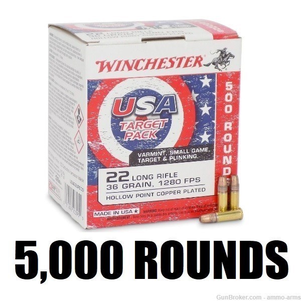Winchester USA .22 LR 36 Grain CP Hollow Point 5,000 Rounds USA22LR500-img-1