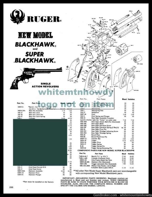 1983 RUGER New Model Blackhawk and Super Revolver Parts List-img-0