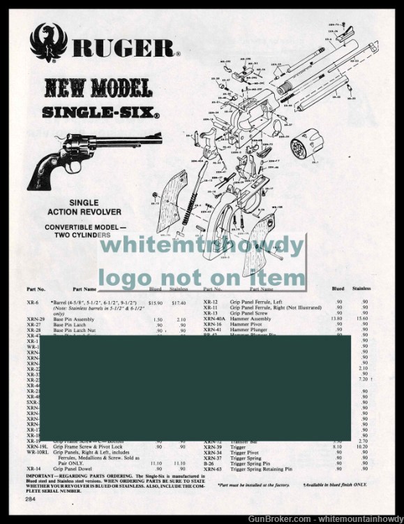 1983 RUGER New Model Single-Six Revolver Schematic Parts List-img-0