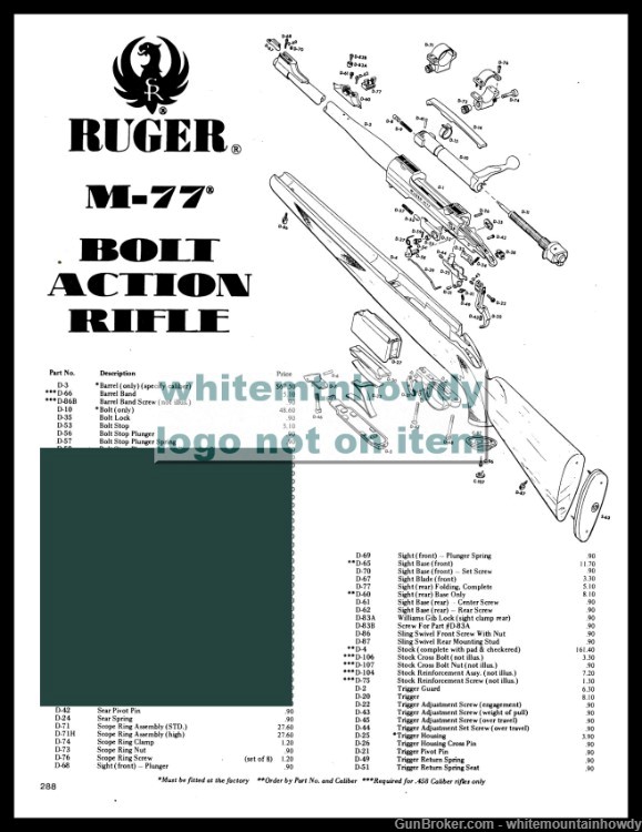 1983 RUGER M-77 Bolt Action Rifle Schematic Parts List-img-0