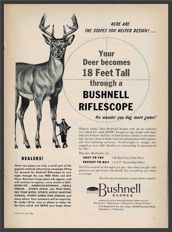 1954 BUSHNELL Rifle Scope Vintage PRINT AD Bag More Game Deer Hunting-img-0