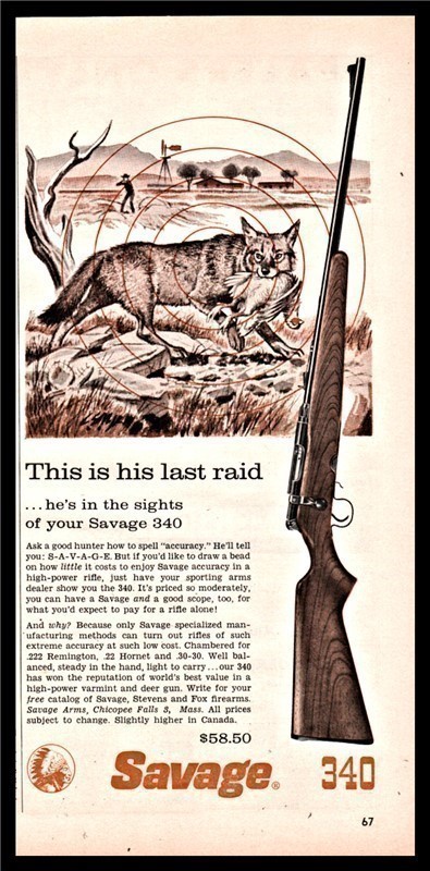 1959 SAVAGE 340 Rifle PRINT AD Fox w/ chicken-img-0