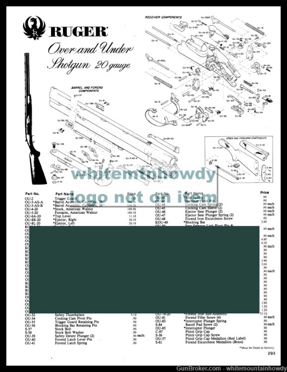 1983 RUGER Over Under O/U 20 gauge Shotgun Schematic Parts List-img-0