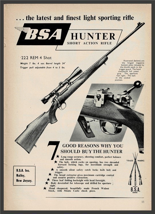 1954 BSA Hunter Short Action 222 rem 4 shot Rifle AD Original Advert-img-0