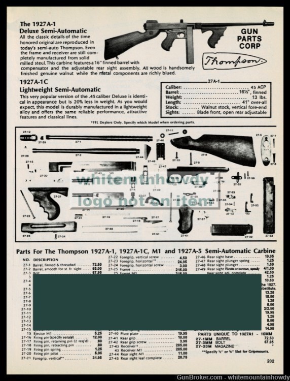 THOMPSON 1927A-1 Deluxe 1927A-1C Lightweight Parts List AD for Gun Repair-img-0