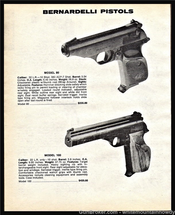 1984 BERNARDELLI Model 80 & 100 .22 Pistol AD w/ original prices-img-0