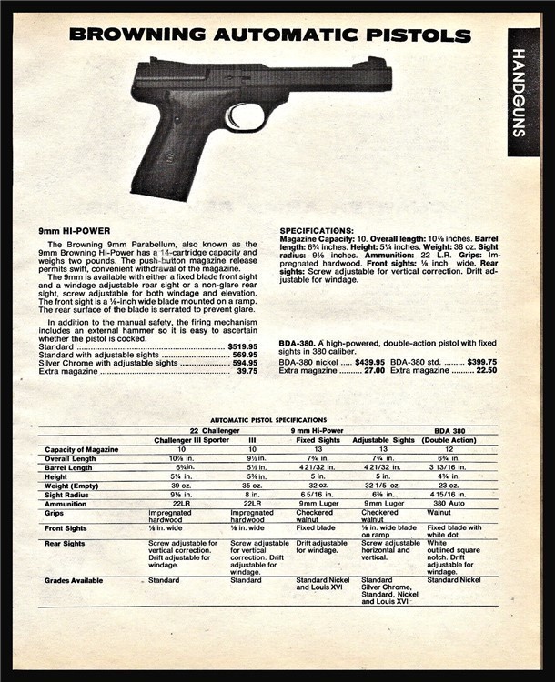 1984 BROWNING 9mm Hi-Power Pistol PRINT AD w/ specs & prices-img-0