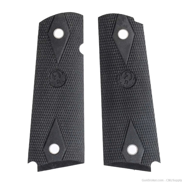 Ruger 1911 Double Diamond Black Rubber Checkered Grips with Logo-img-0