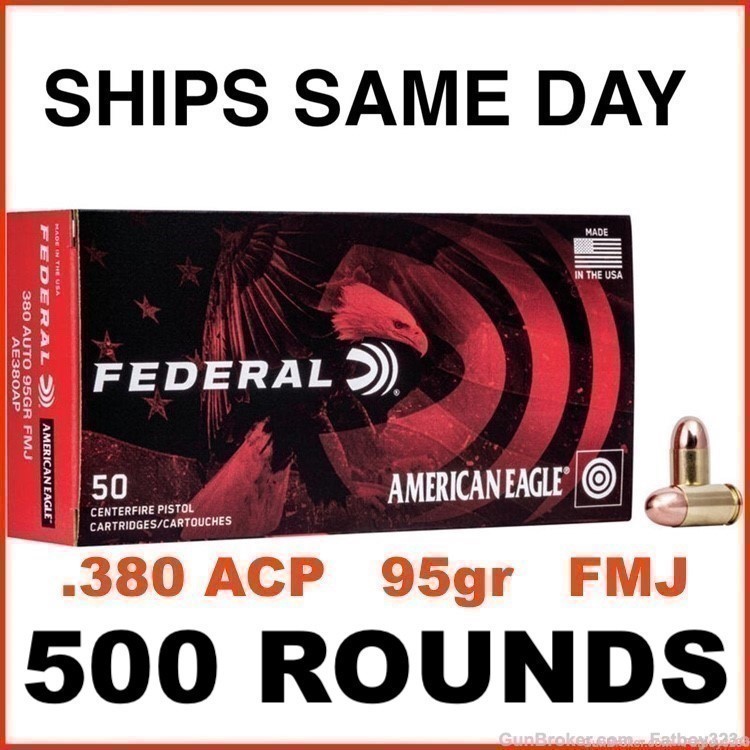 500 Rounds - Federal American Eagle 380 ACP Auto Ammo 95 Grain FMJ-img-0