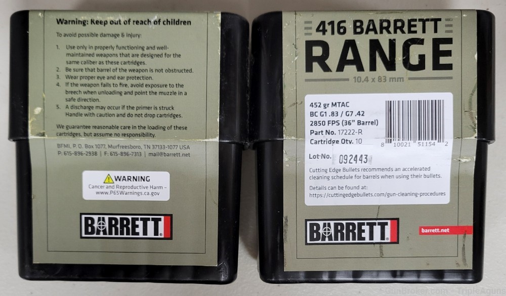 Barrett 416 Barrett Range Ammo 452gr Boat tail Hollow Point lot of 20rds-img-1