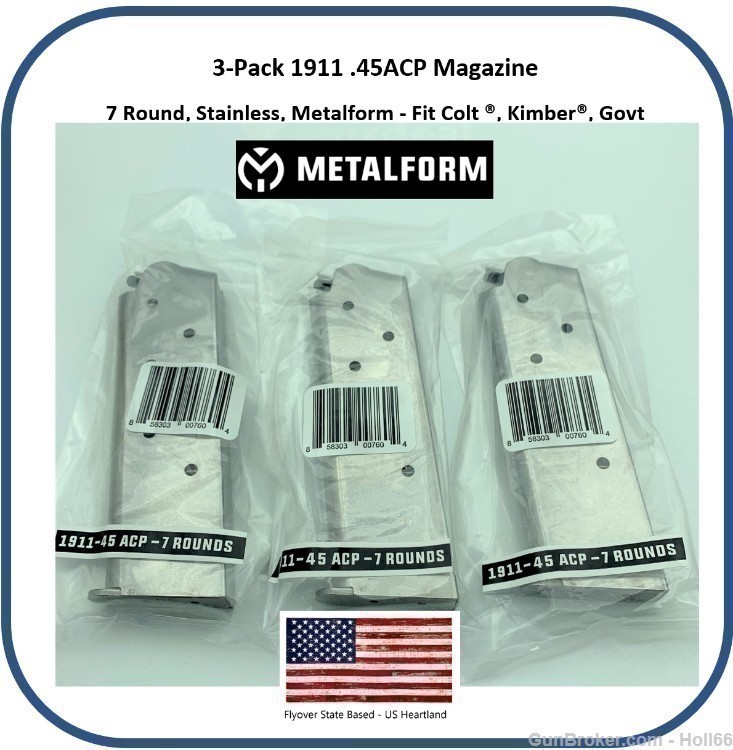 Pack of 3 1911 Magazine 7 Round Stainless 45 ACP Auto Metalform Fits Colt -img-0