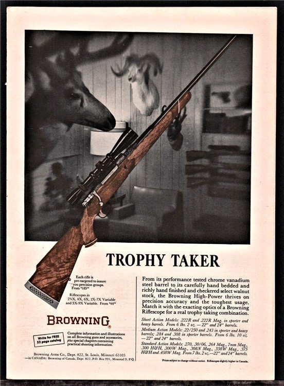 1965 BROWNING High Power Rifle AD Trophy Take ..Vintage Hunting Advertising-img-0